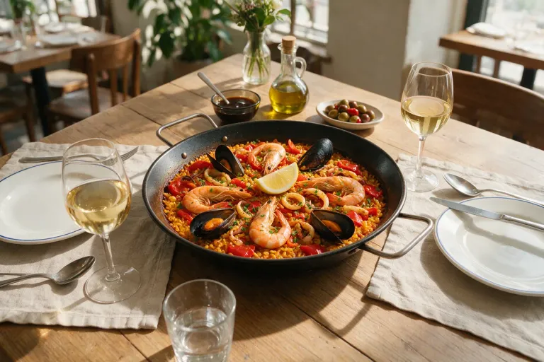 A pan of seafood paella on a restaurant table