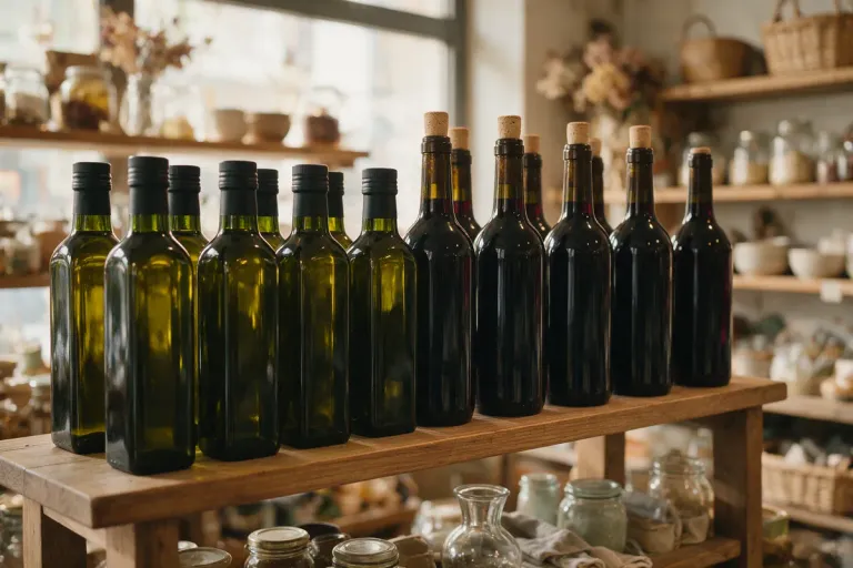 Spanish olive oil bottles and wine on a shop shelf