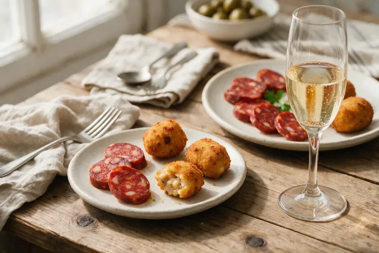 Croquetas and sliced chorizo on small plates with a glass of cava (illustration)