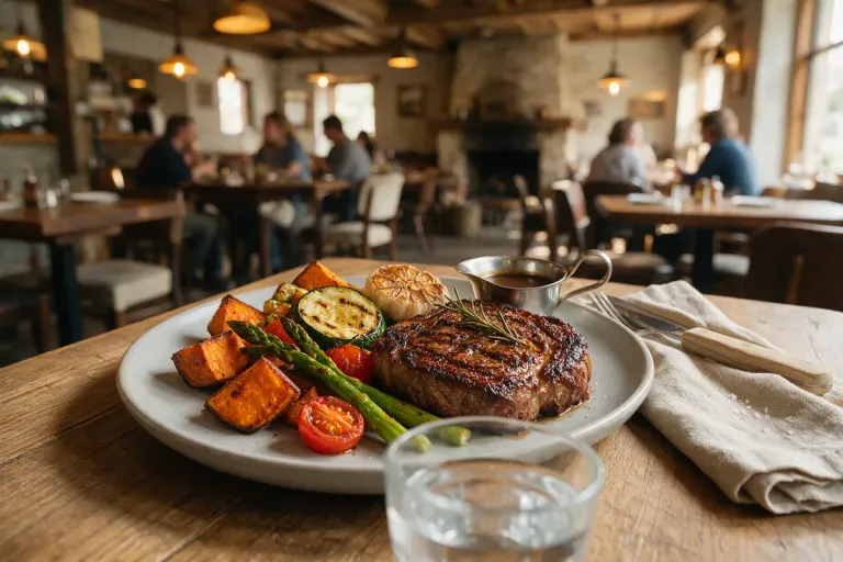 A plate of grilled meat and roasted vegetables in a small restaurant (illustration)