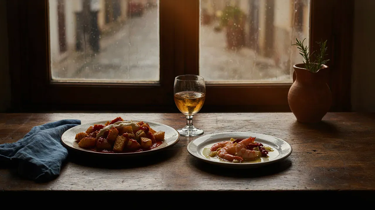 Two plates of tapas and a glass of white wine on a table by a rain-streaked window