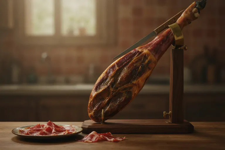 A cured ham leg on a wooden stand with sliced ham on a plate