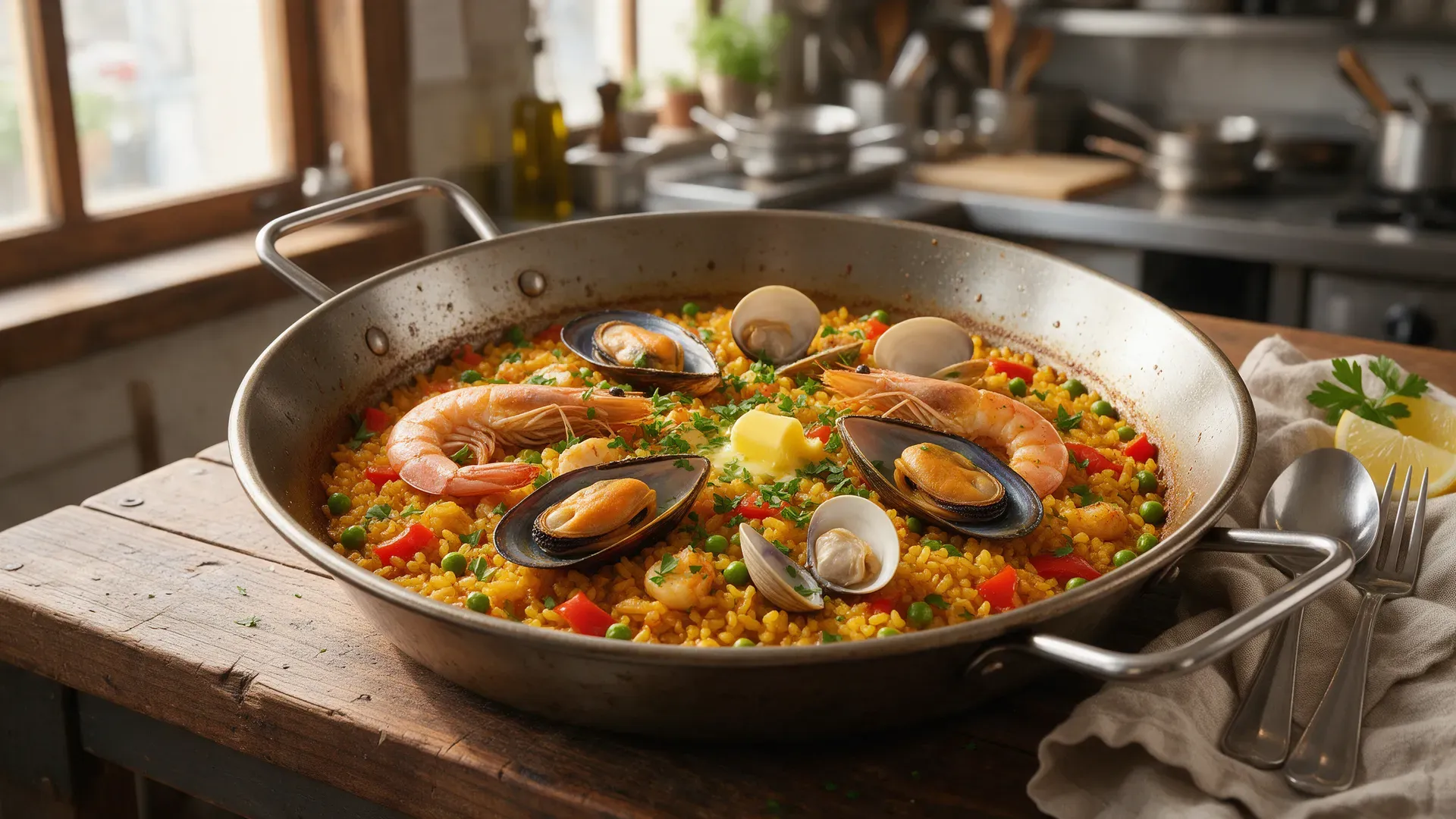 A wide shallow steel paella pan of seafood rice resting on a restaurant pass