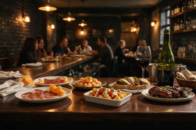 Small Spanish tapas plates arranged along a narrow bar counter in a modern basement restaurant