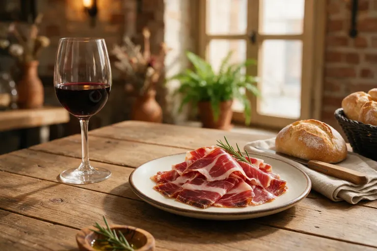 A plate of thinly sliced cured Iberian ham beside a glass of red wine on a wooden table
