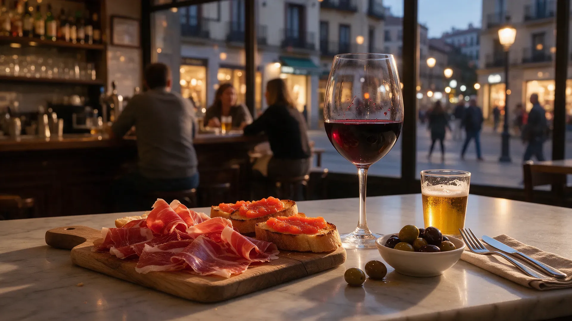 Slices of cured ham, bread rubbed with tomato and a glass of red wine on a marble bar counter in evening light