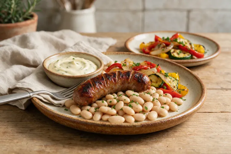 Grilled sausage with white beans, a small bowl of garlic mayonnaise and roasted vegetables on a rustic plate