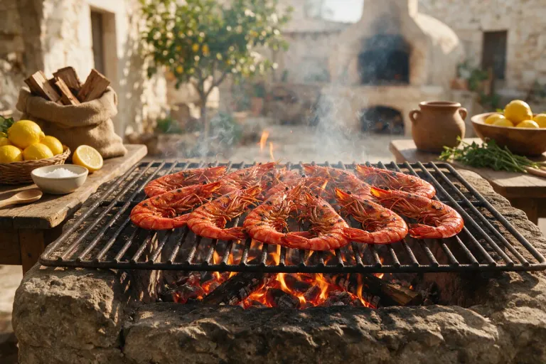 Large red prawns cooking over a wood fire on a metal grate with glowing embers