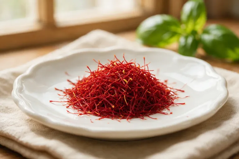 A small heap of dark red saffron threads on a white plate