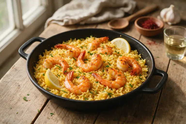 A shallow pan of golden saffron rice with prawns, seen from above on a rustic table