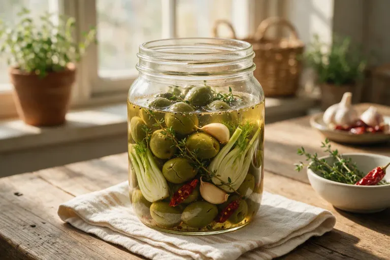 Cracked green olives in a jar with thyme, fennel, garlic and peppers
