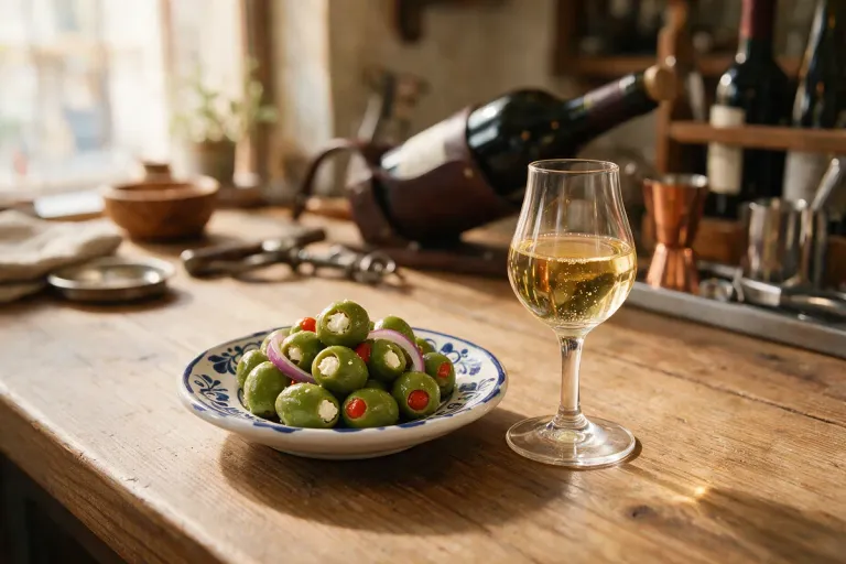 A dish of green olives next to a glass of pale dry sherry