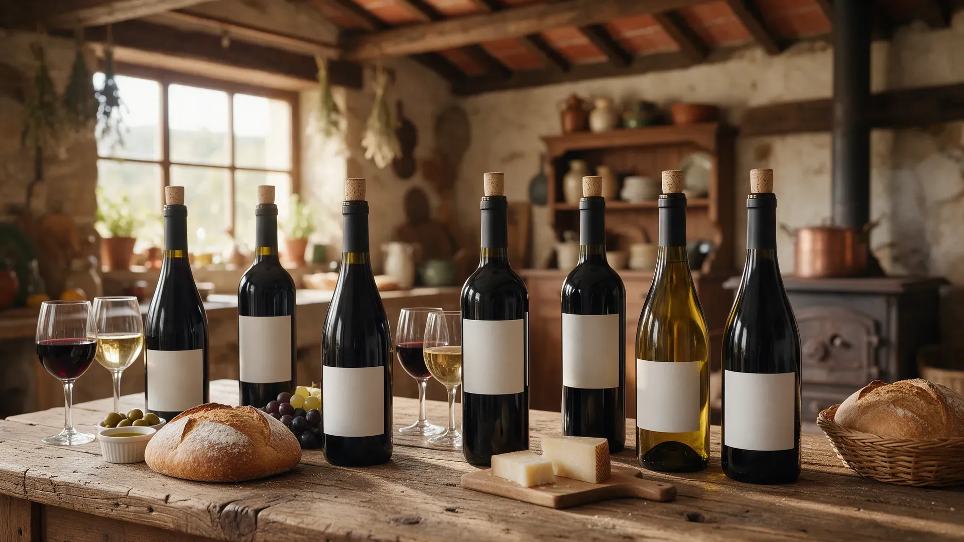 Spanish wines and glasses on a rustic table