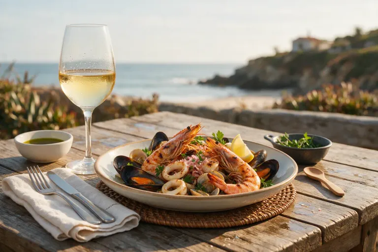 A glass of white wine with grilled seafood