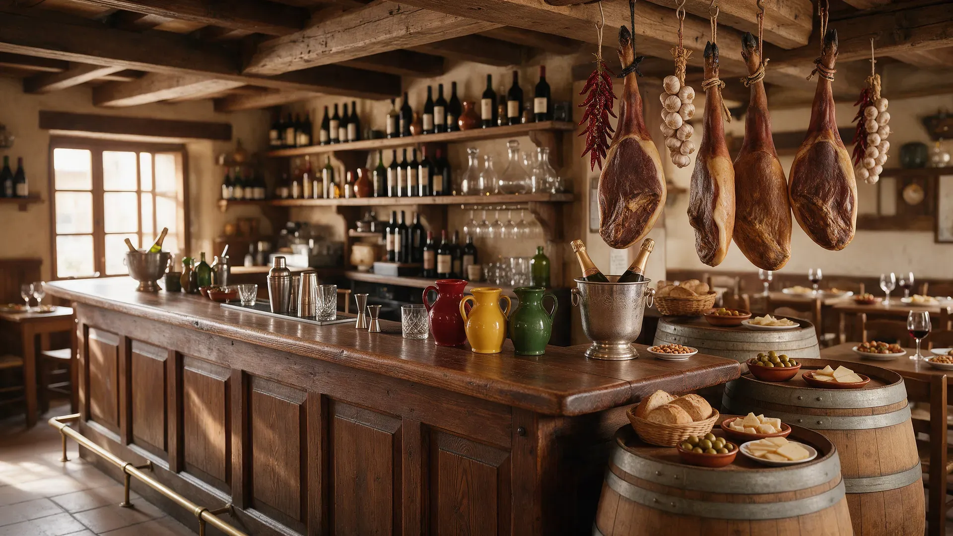 A traditional tavern bar with a wooden counter, wine barrels and hanging hams