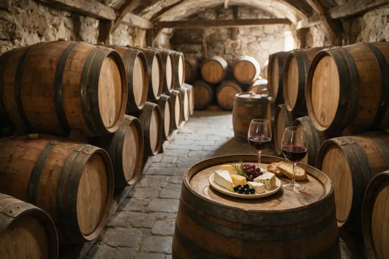 Oak barrels in a stone wine cellar with glasses of red wine and a cheese plate