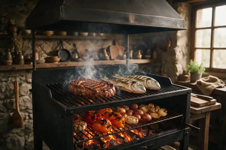 Meat and fish cooking on a grill over glowing embers