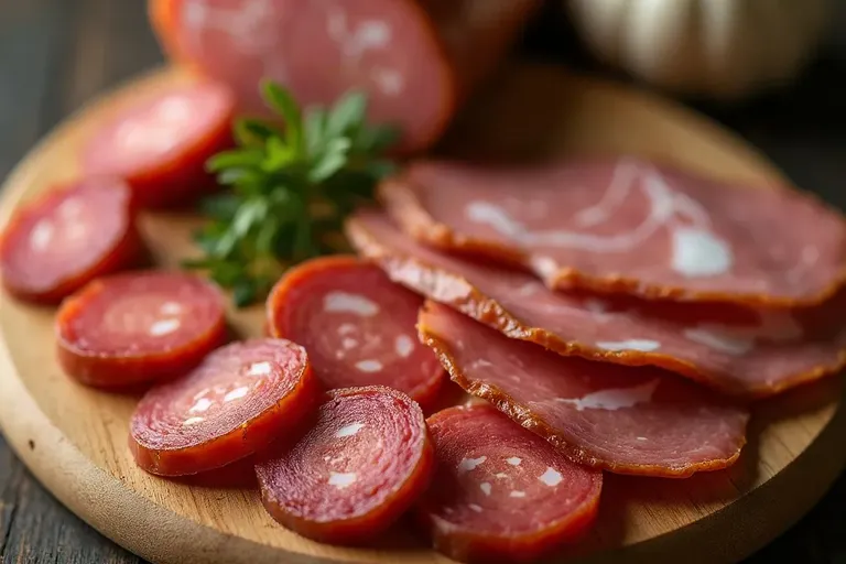 Slices of chorizo, salchichón and cured pork loin fanned out on a board