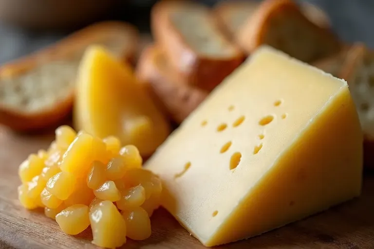 Wedges of hard sheep's milk cheese with slices of quince paste and small breadsticks
