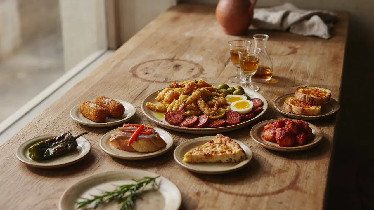 A wooden table set with many small plates of tapas, including croquetas, tortilla and peppers