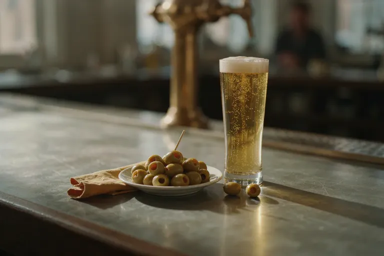 A glass of beer with a small dish of olives on a bar counter