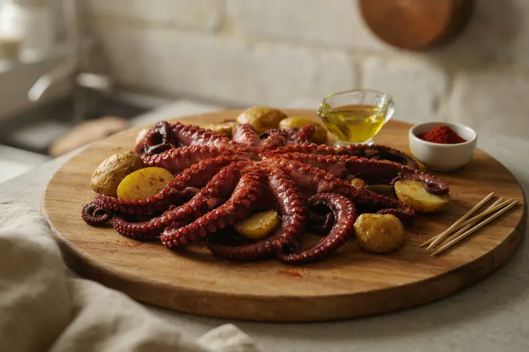 Boiled octopus with paprika and potatoes on a round wooden board