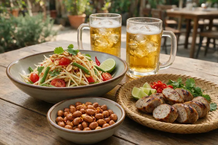 A Thai table of drinking snacks: a spicy salad, fried peanuts and sliced grilled sausage next to glasses of beer