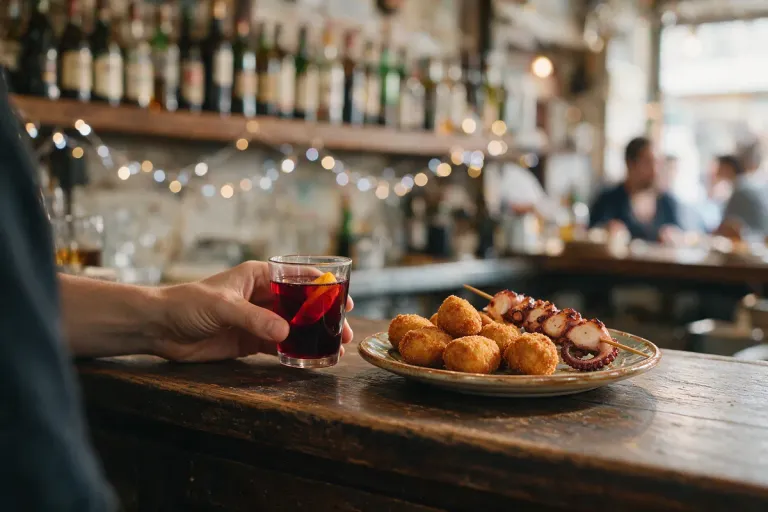 Hands holding a small glass of vermouth over a bar counter with a plate of croquetas and a skewer of octopus