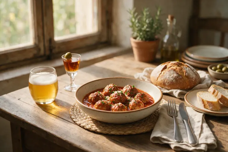 Albóndigas with bread and small drinks