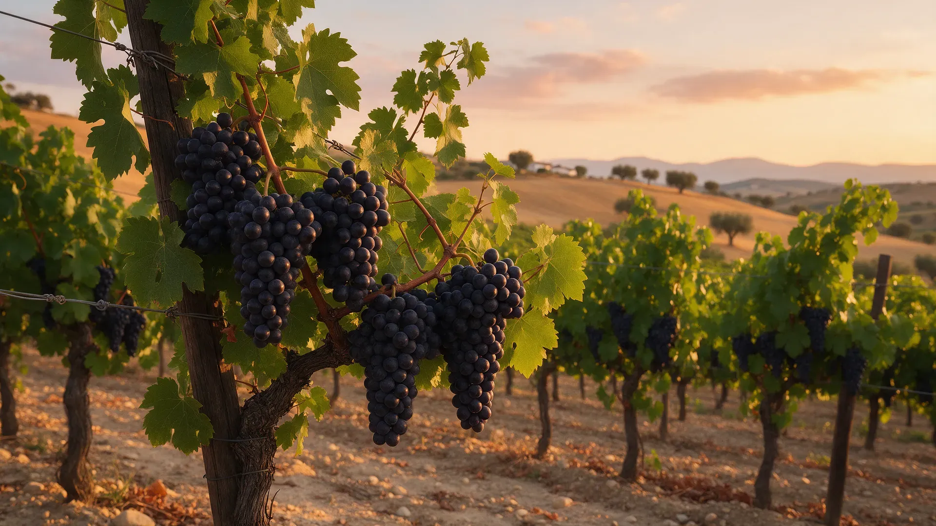 Bunches of dark red grapes on the vine in a vineyard at sunset
