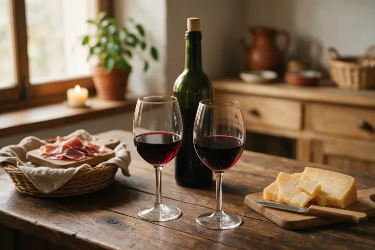 Two glasses of red wine with cured ham and hard cheese on a wooden table