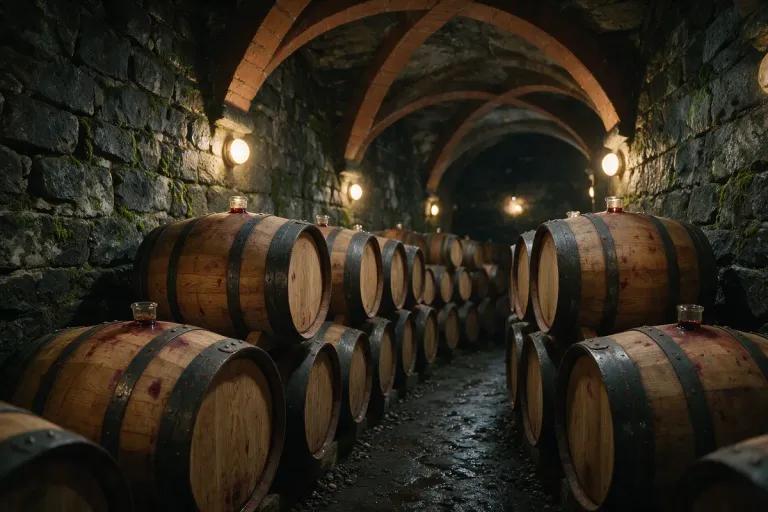 Rows of oak barrels in a vaulted underground wine cellar