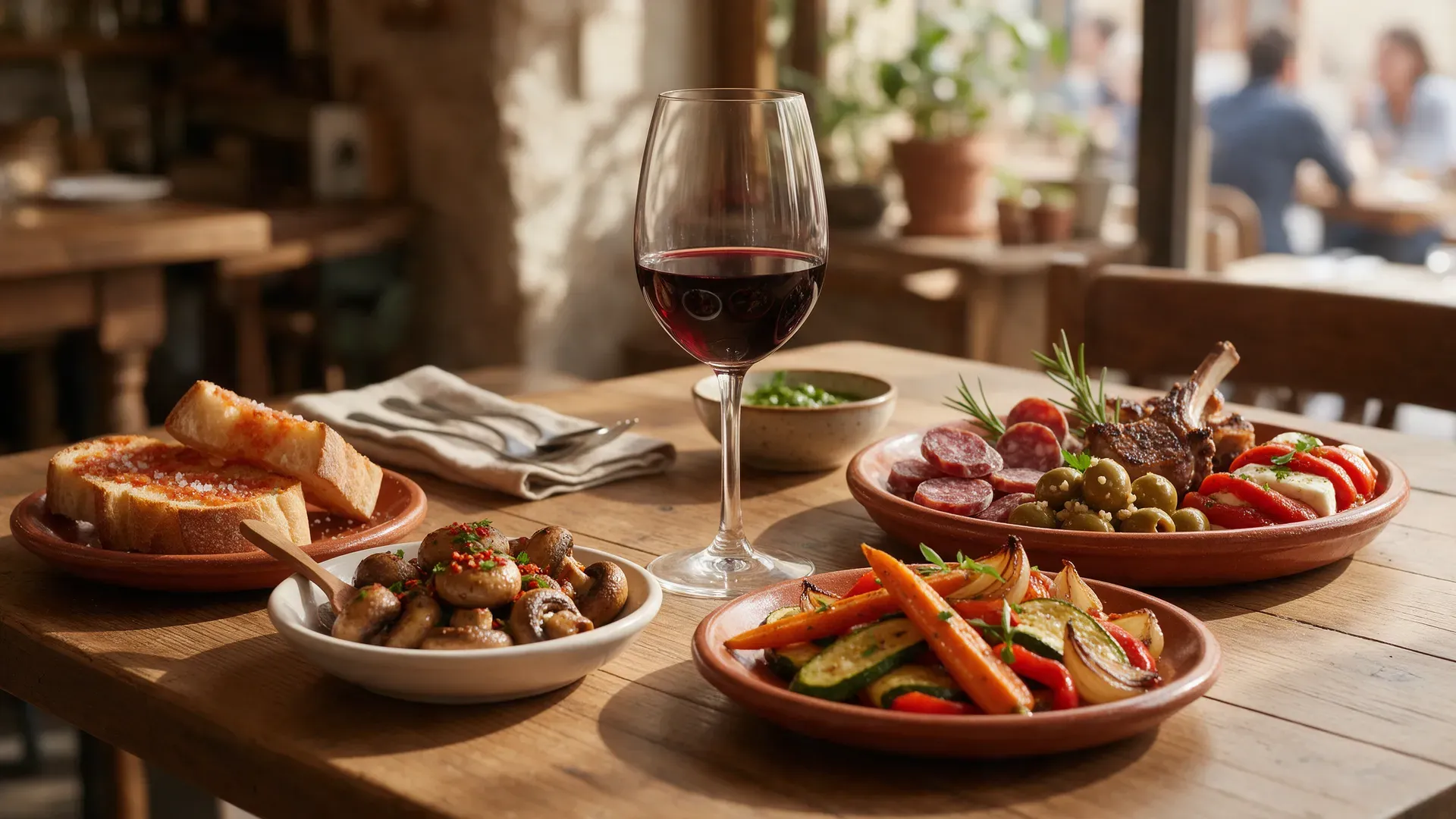 Catalan small plates and a glass of red wine on a wooden table (illustration)