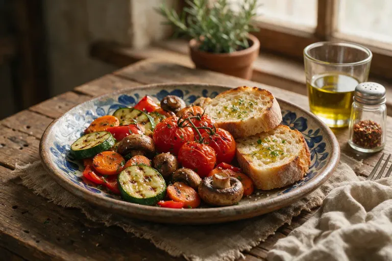 Grilled vegetables and bread with tomato on a rustic plate (illustration)