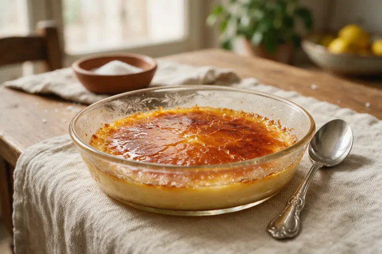 A glass dish of crema catalana with a caramelised sugar top (illustration)