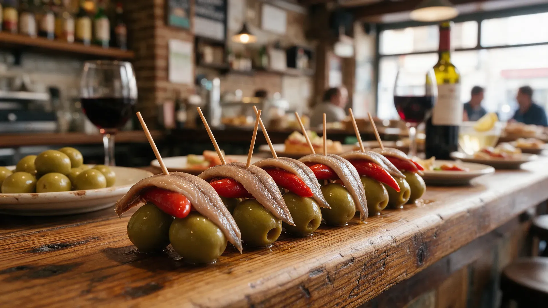 A row of gilda pintxos on a bar counter: green olives, anchovies and pickled guindilla peppers on cocktail sticks