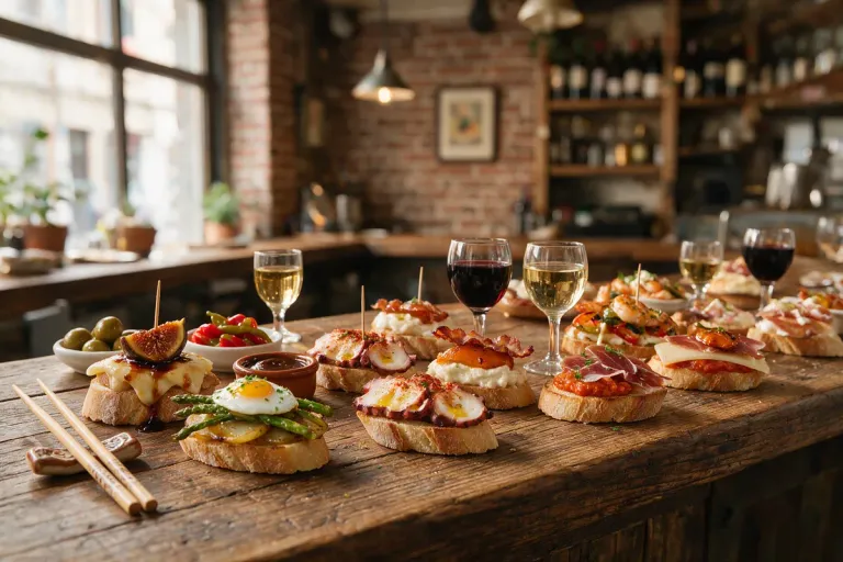 Pintxos laid out along a wooden bar counter with small glasses of wine
