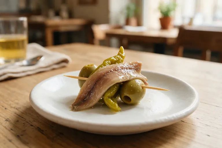 Close view of a single gilda pintxo with anchovy, olive and green pepper on a small white plate