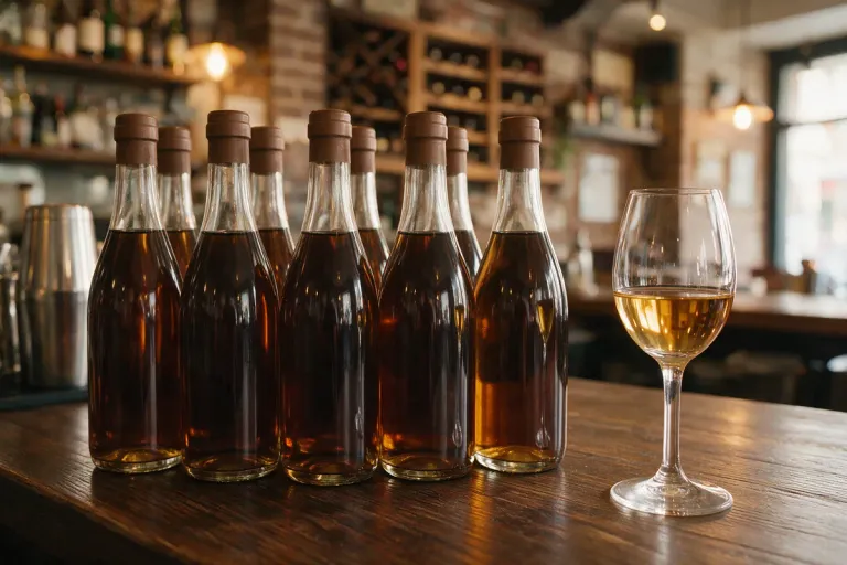 Illustration: a row of Spanish wine bottles and a glass of pale sherry on a bar