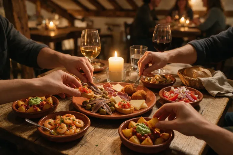 Illustration: hands reaching for shared tapas plates on a candlelit table