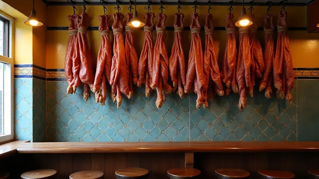 Spanish bar interior with painted ceramic tiles and cured hams hanging above the counter