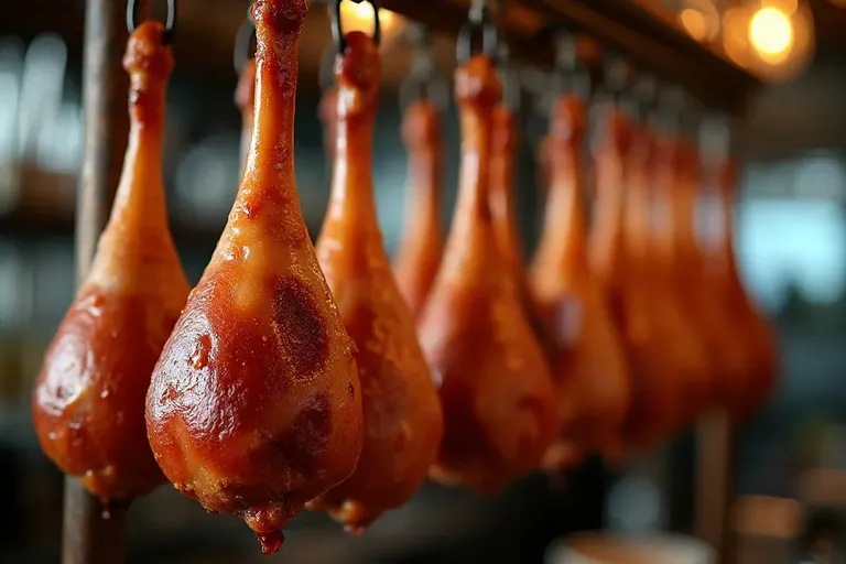 A row of cured ham legs hanging from hooks above a bar counter