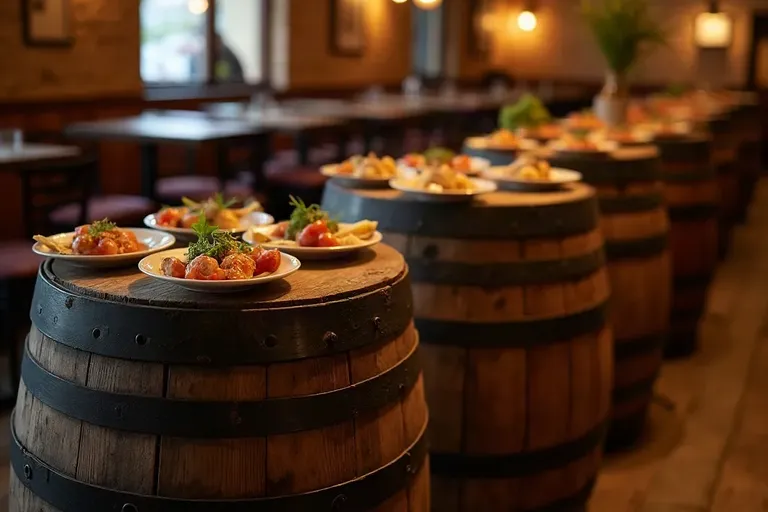 Old wine barrels used as standing tables with small plates of tapas on top