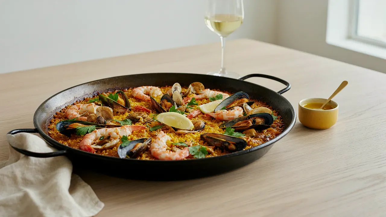 A seafood paella in a black pan with a glass of white wine