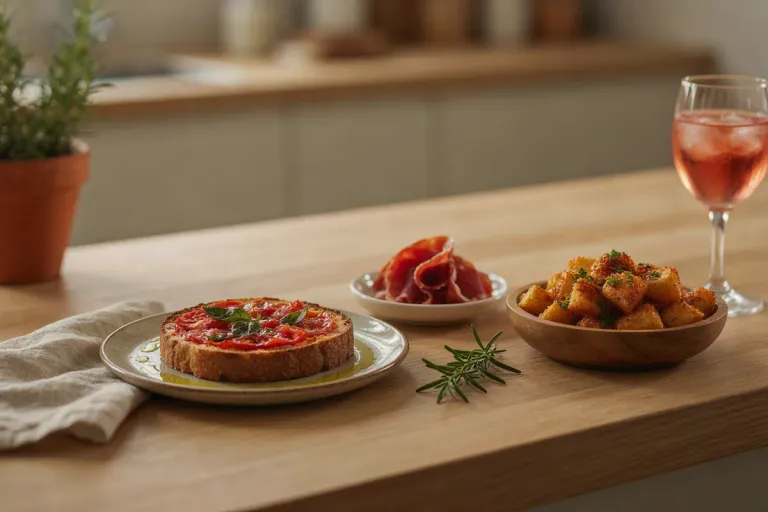 Pan con tomate, sliced ham and patatas bravas on a light wooden counter with a glass of rosé
