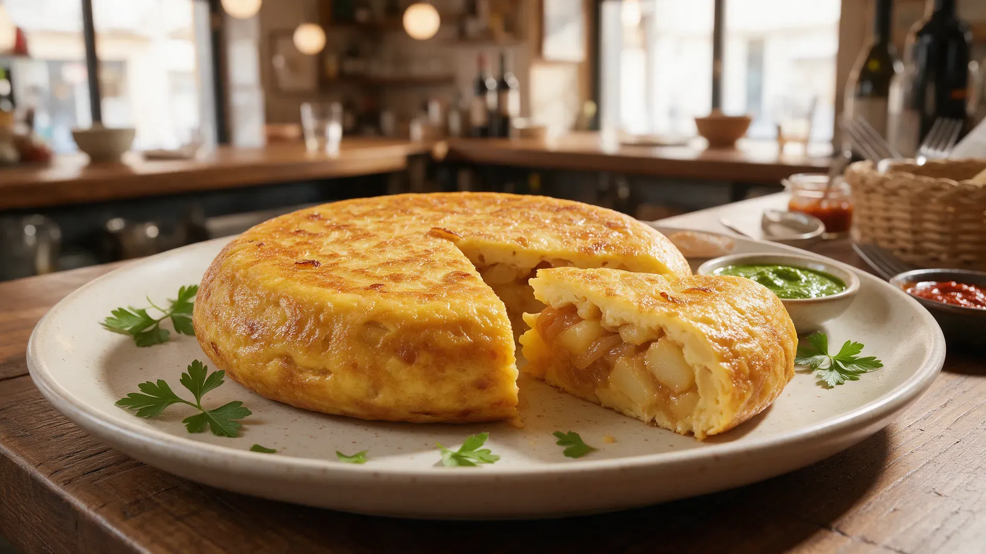 A thick golden potato omelette on a plate with one wedge cut out to show the soft layers of potato and onion