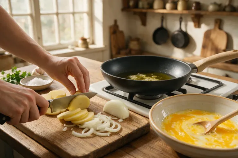 Hands slicing potatoes and onion on a wooden board next to a pan of olive oil and a bowl of beaten eggs