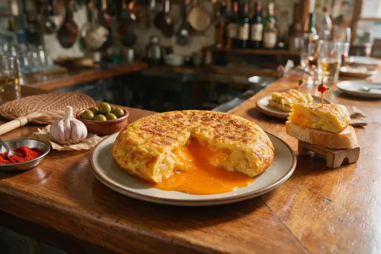 A very runny potato omelette cut open next to a slice of omelette served on bread as a bar snack
