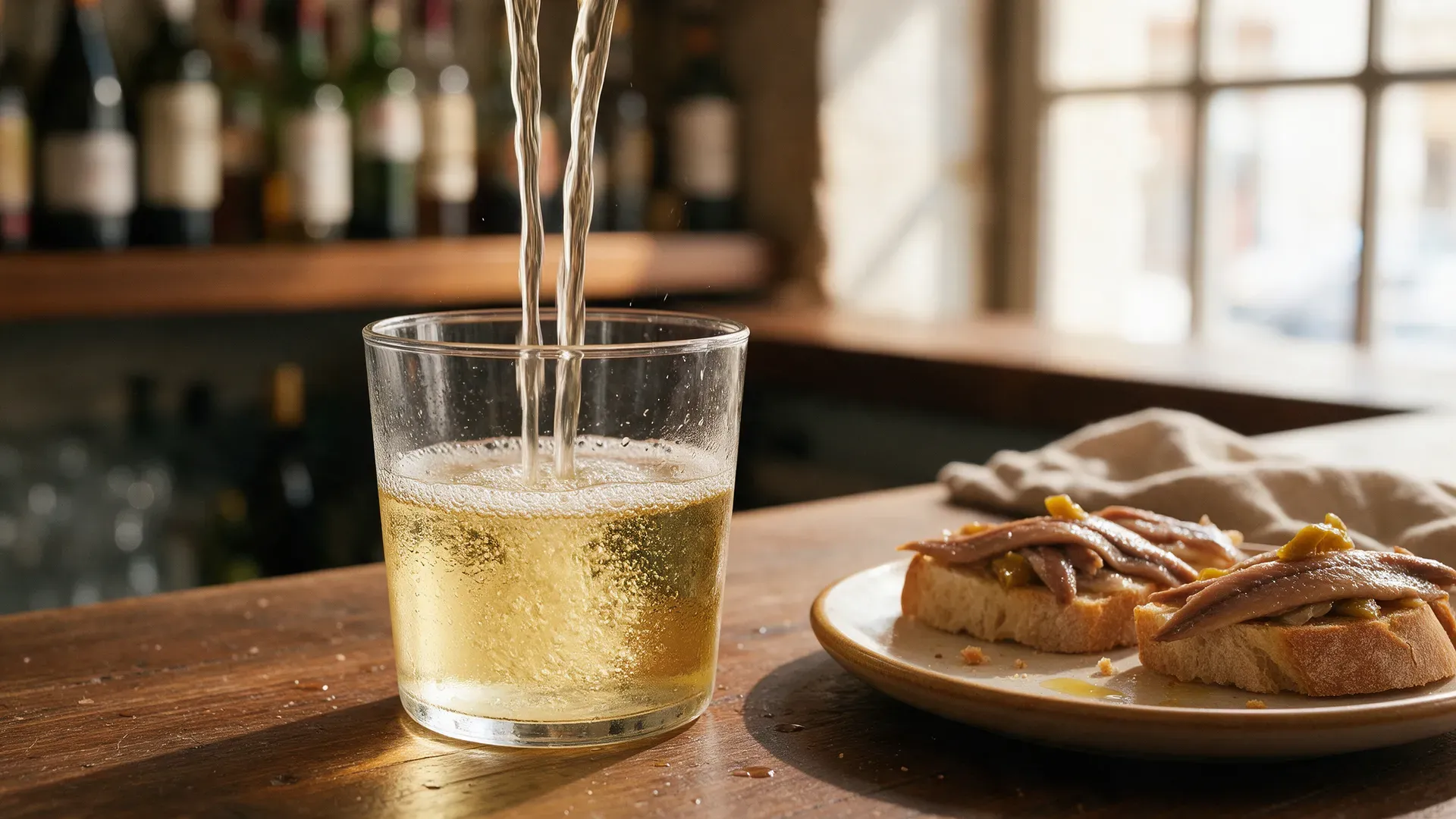 Pale white wine being poured from a height into a tumbler on a bar counter, with anchovies on bread beside it