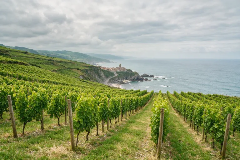 Rows of green vines on a hillside above the sea under a cloudy sky